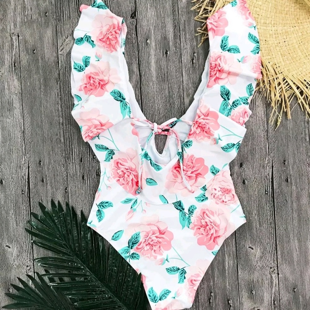 New! Festival Roses Print Plunge Front Swimsuit - Picture 5 of 8